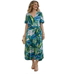 Sofia, Tropical Leaf Print Satin Wrap Dress white with blue and green, Size L